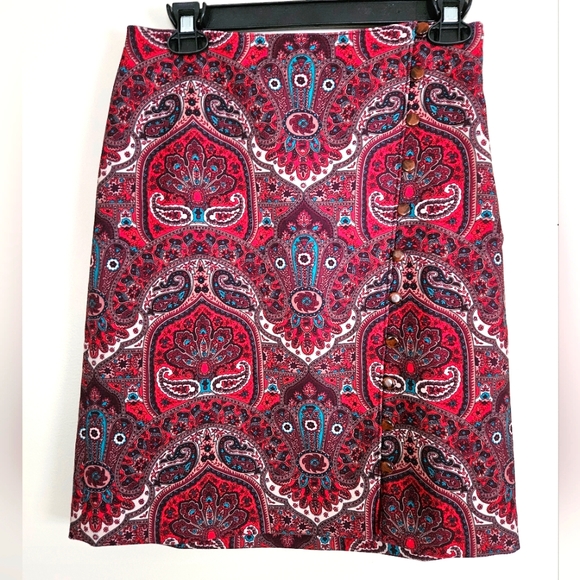 NWT Talbots Paisley Knee Length Red Opulent Side Button Detail Slit Skirt Sz 2P - Picture 1 of 12